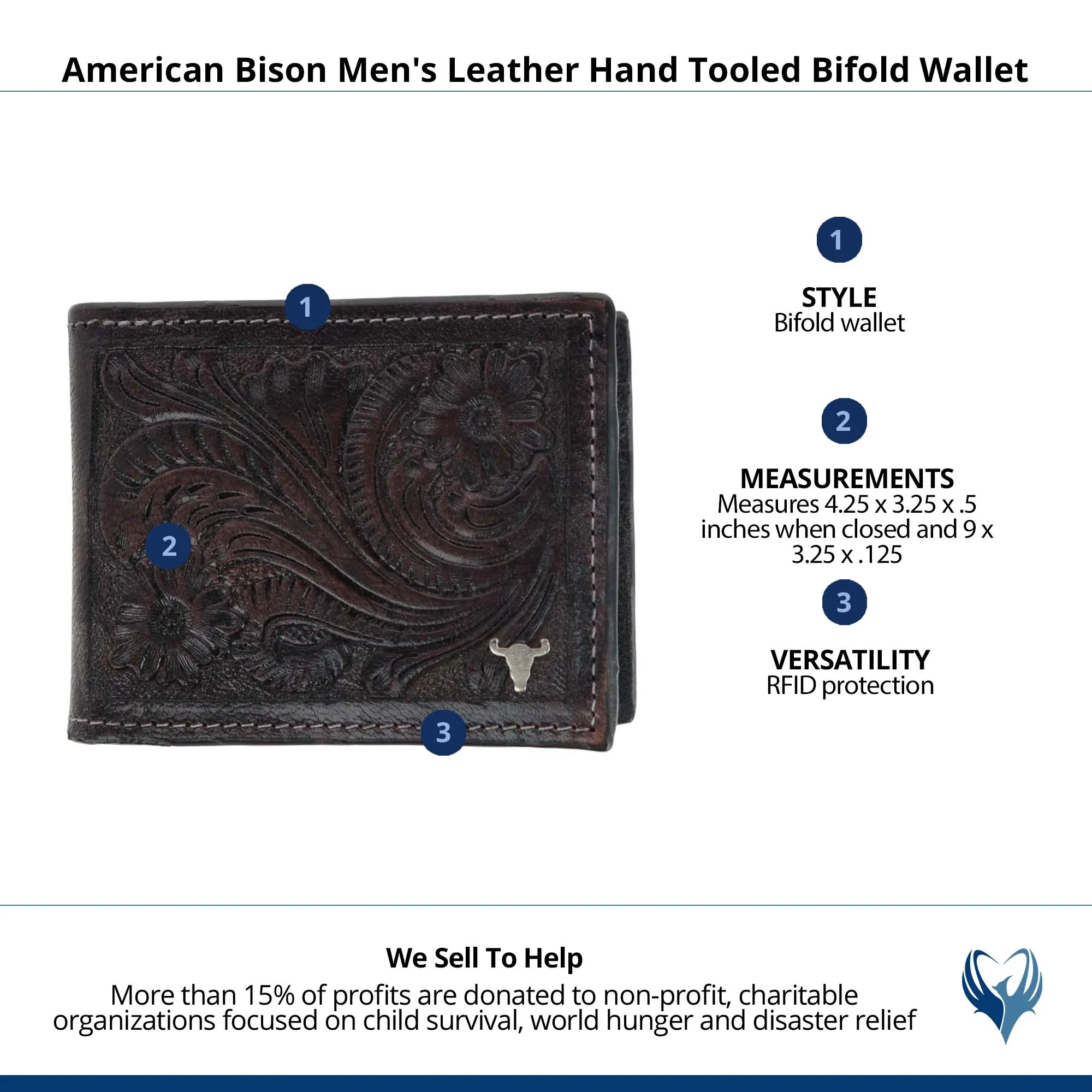 American Bison Men's Leather Hand Tooled Bifold Wallet