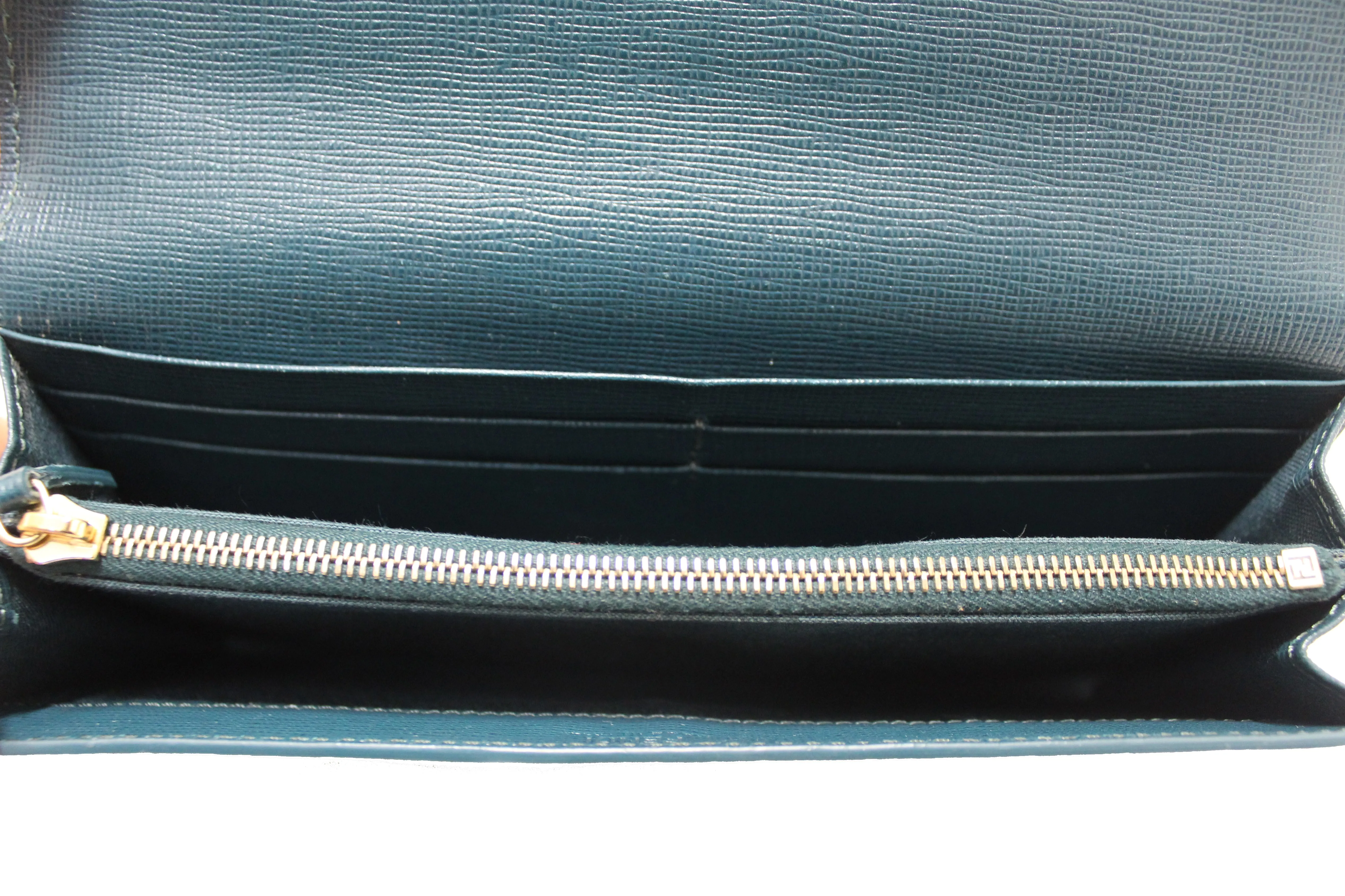 Authentic Fendi Saffiano Leather Monster Crystal Tooth Continental Aqua Wallet