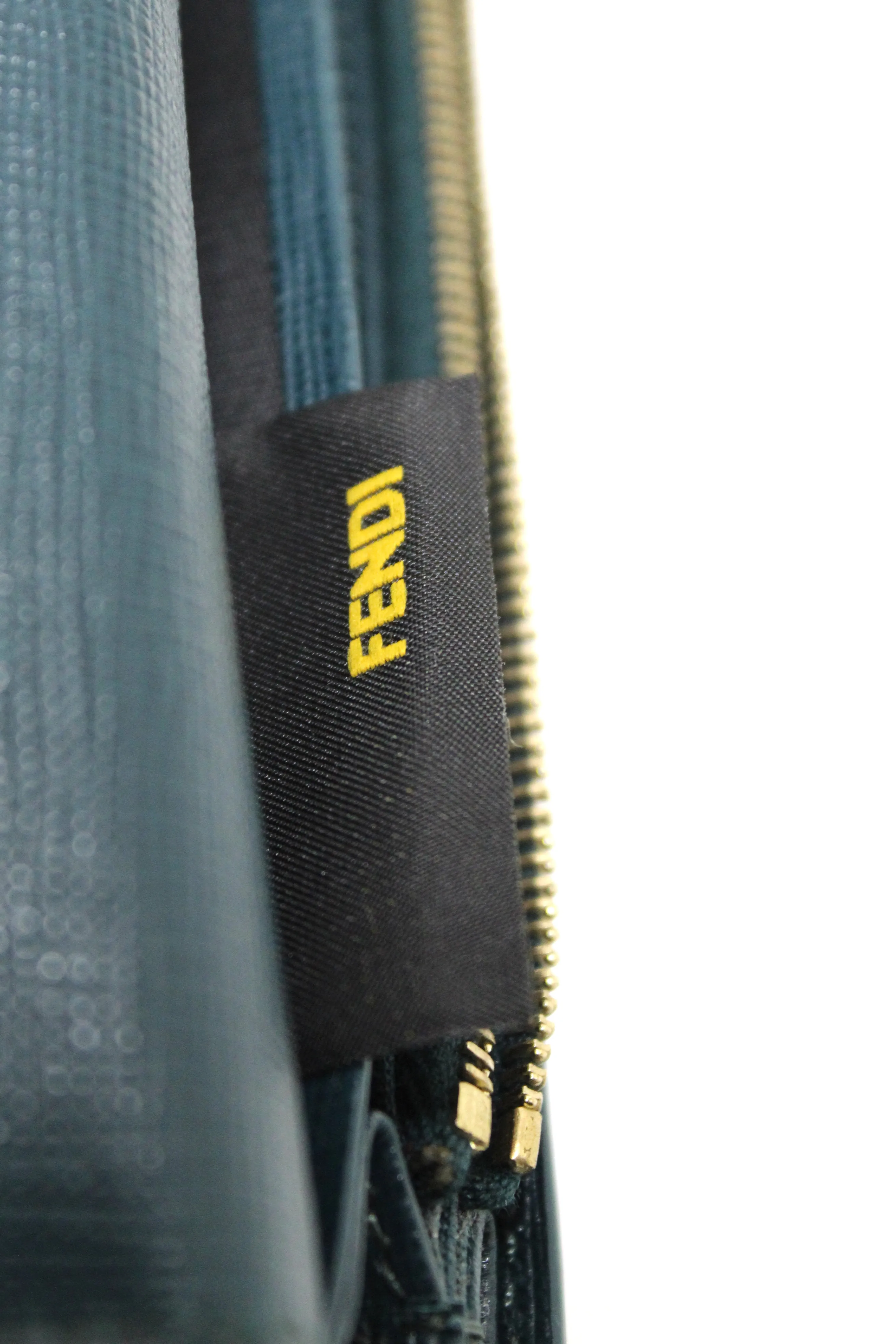 Authentic Fendi Saffiano Leather Monster Crystal Tooth Continental Aqua Wallet