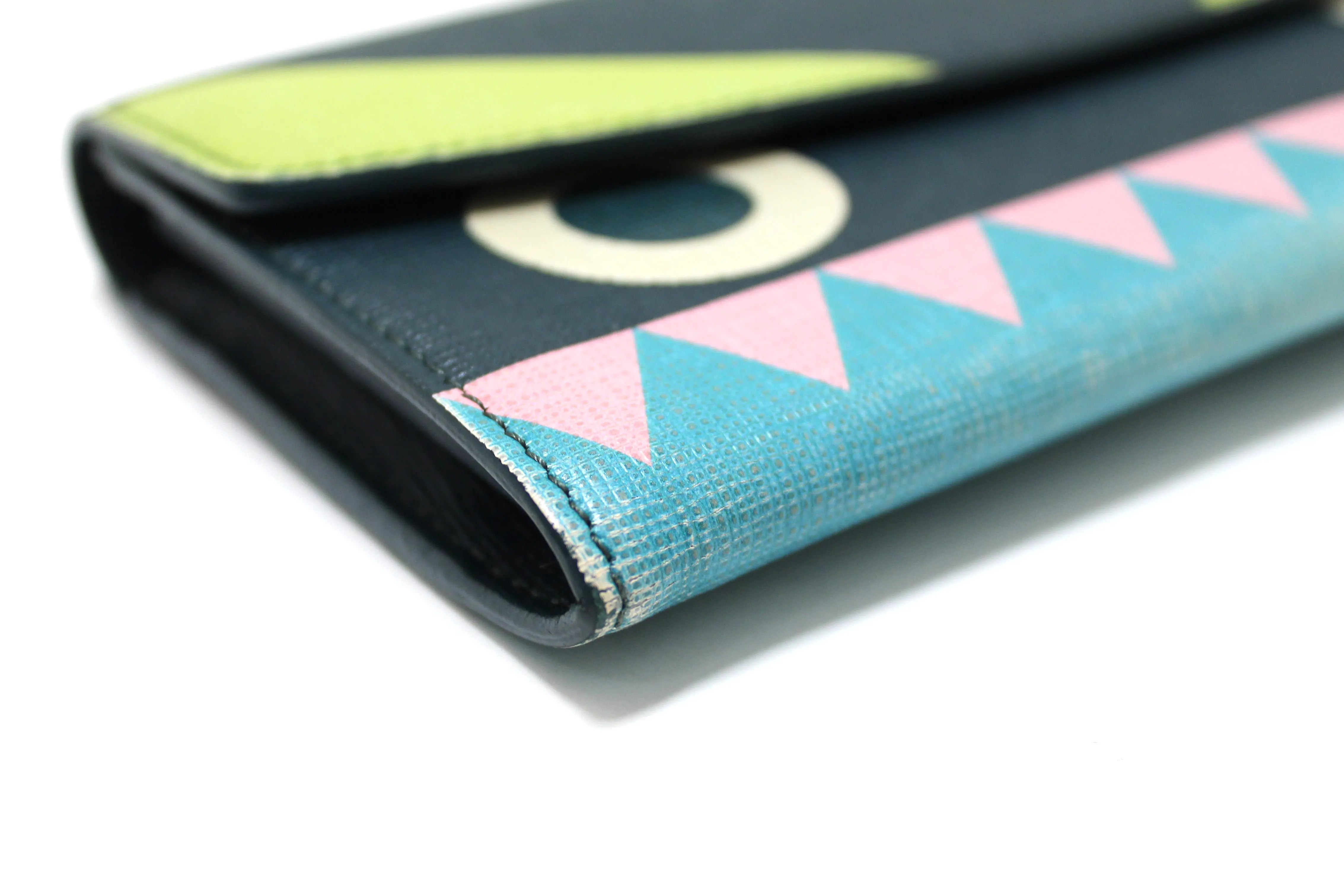 Authentic Fendi Saffiano Leather Monster Crystal Tooth Continental Aqua Wallet