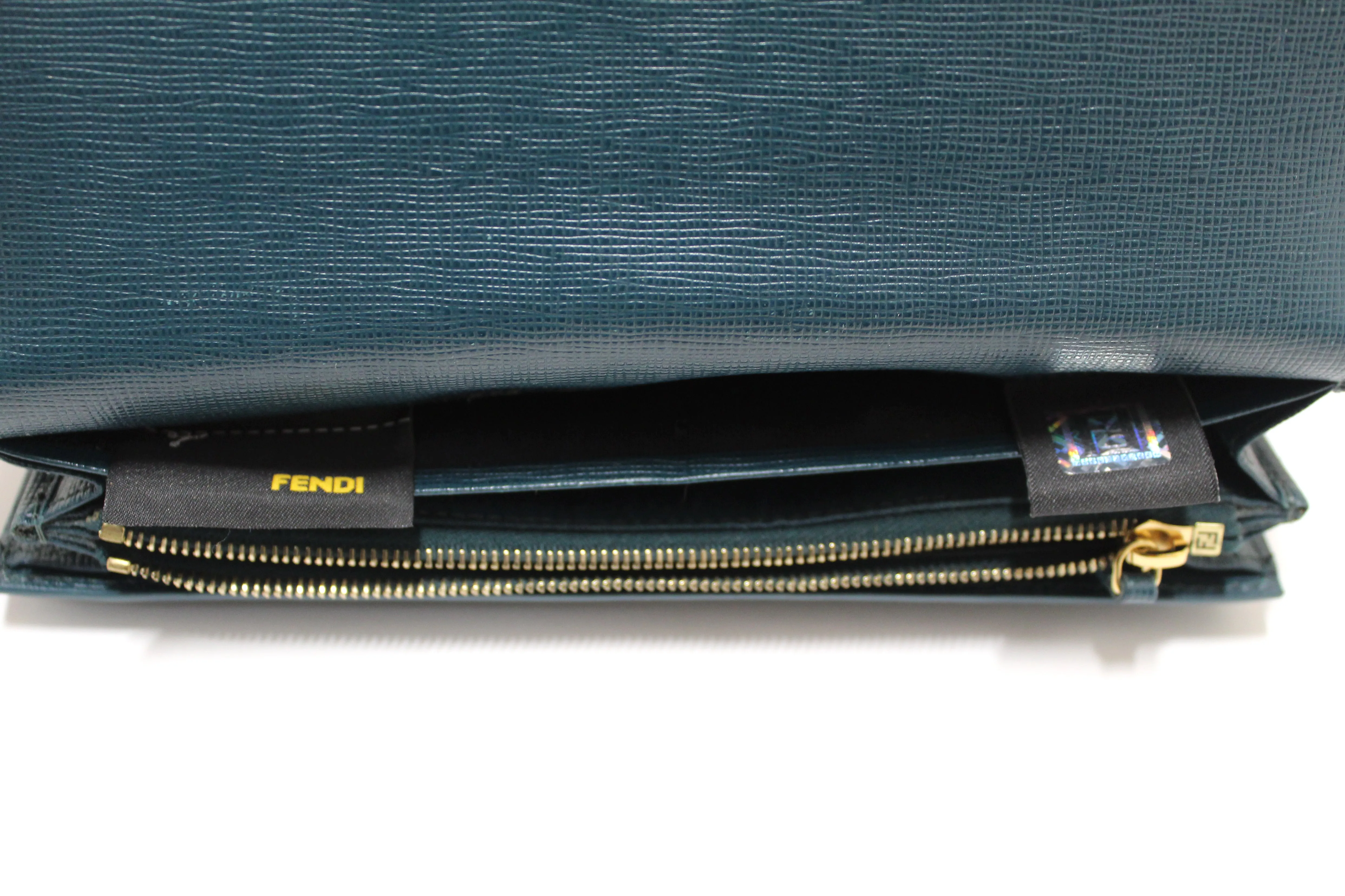 Authentic Fendi Saffiano Leather Monster Crystal Tooth Continental Aqua Wallet