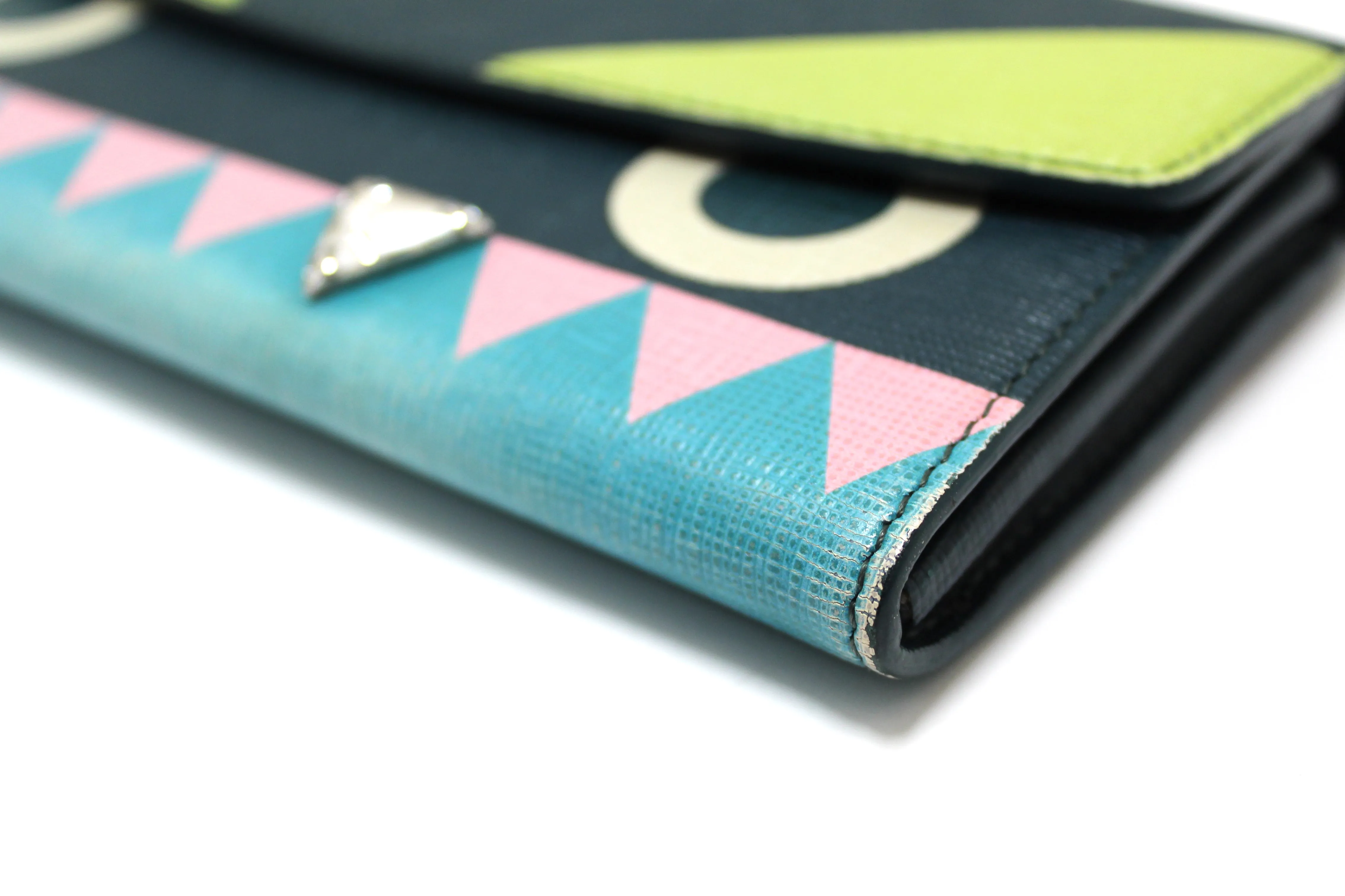 Authentic Fendi Saffiano Leather Monster Crystal Tooth Continental Aqua Wallet