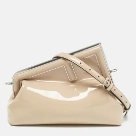 Beige Patent Leather First Midi Shoulder Bag