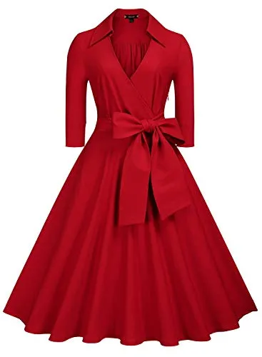 BerriesJam - Deep-V Neck Classical Bow Belt Vintage Swing Dress