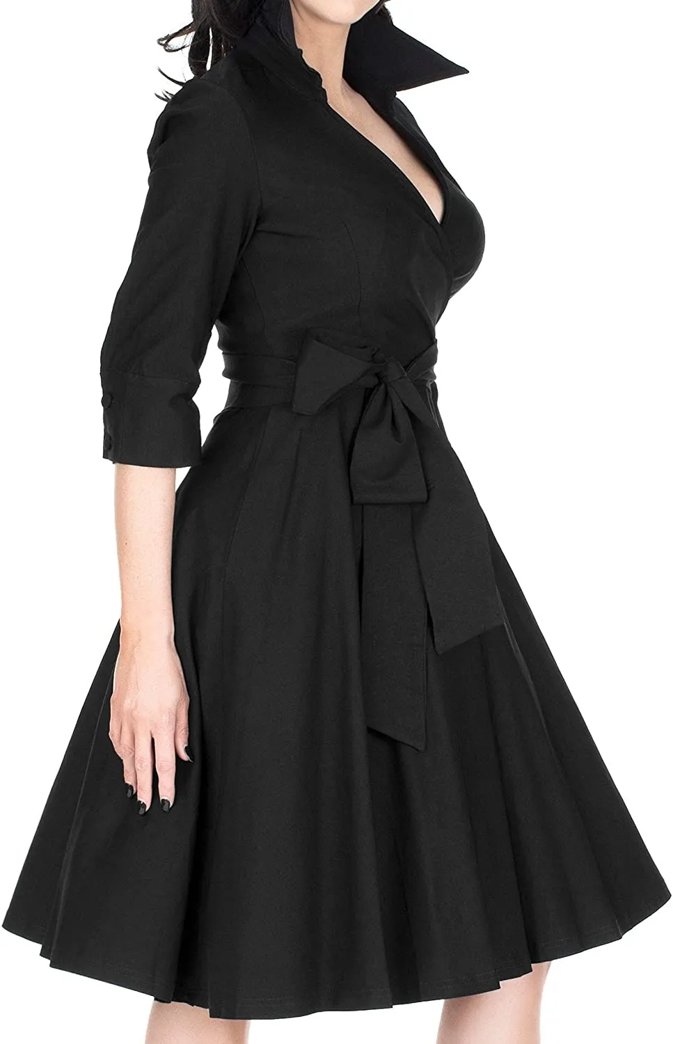 BerriesJam - Deep-V Neck Classical Bow Belt Vintage Swing Dress