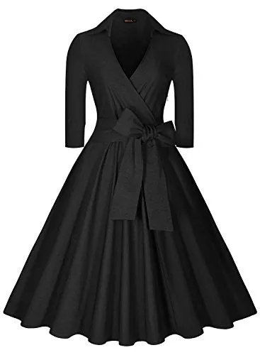 BerriesJam - Deep-V Neck Classical Bow Belt Vintage Swing Dress