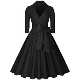 BerriesJam - Deep-V Neck Classical Bow Belt Vintage Swing Dress