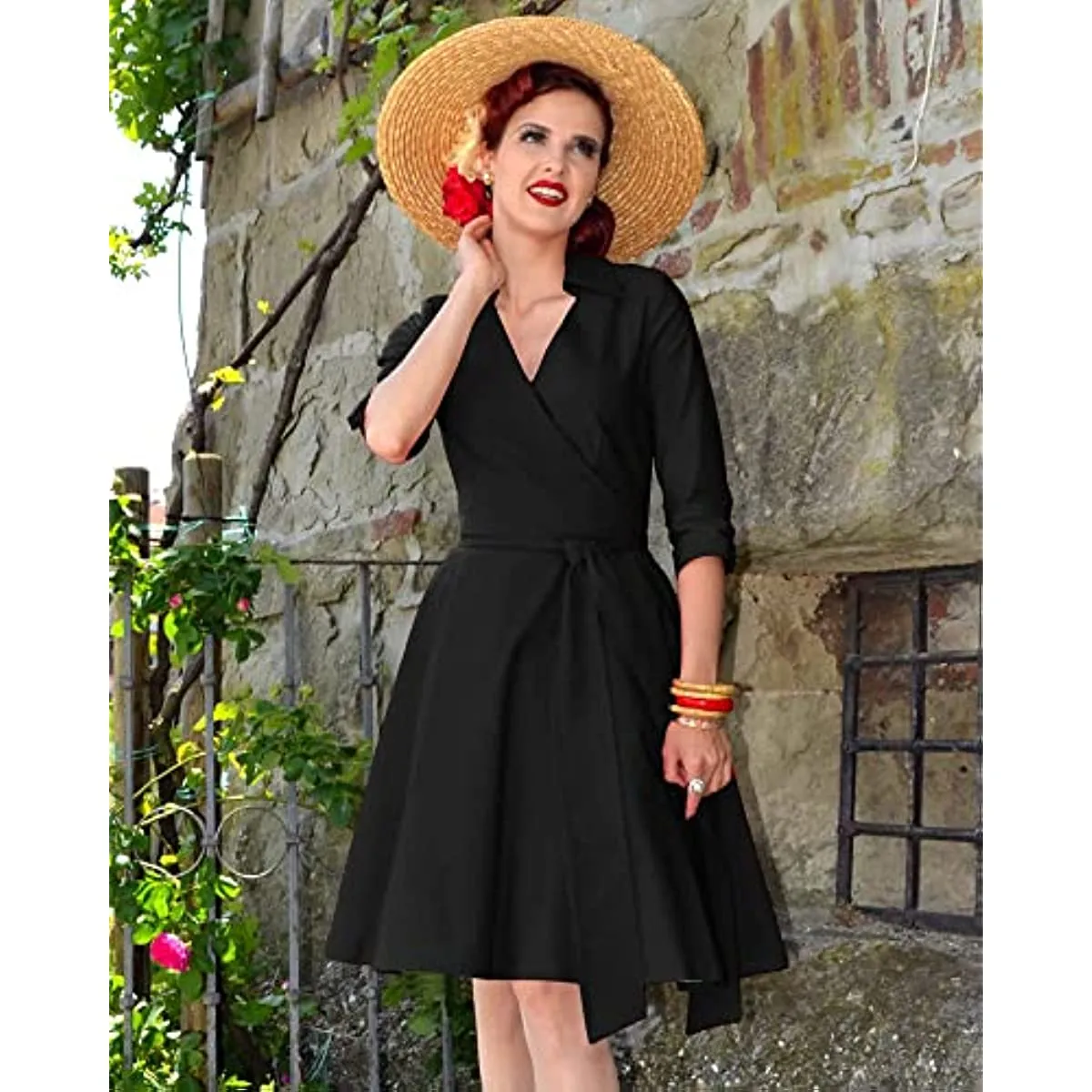 BerriesJam - Deep-V Neck Classical Bow Belt Vintage Swing Dress