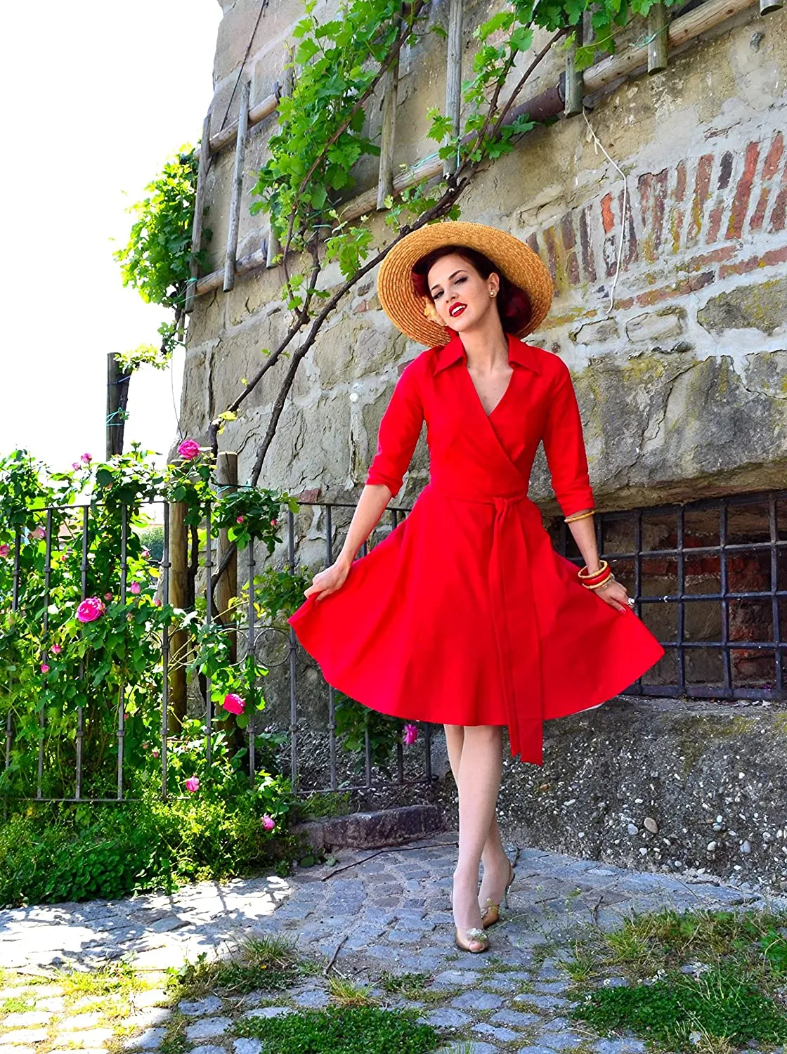 BerriesJam - Deep-V Neck Classical Bow Belt Vintage Swing Dress