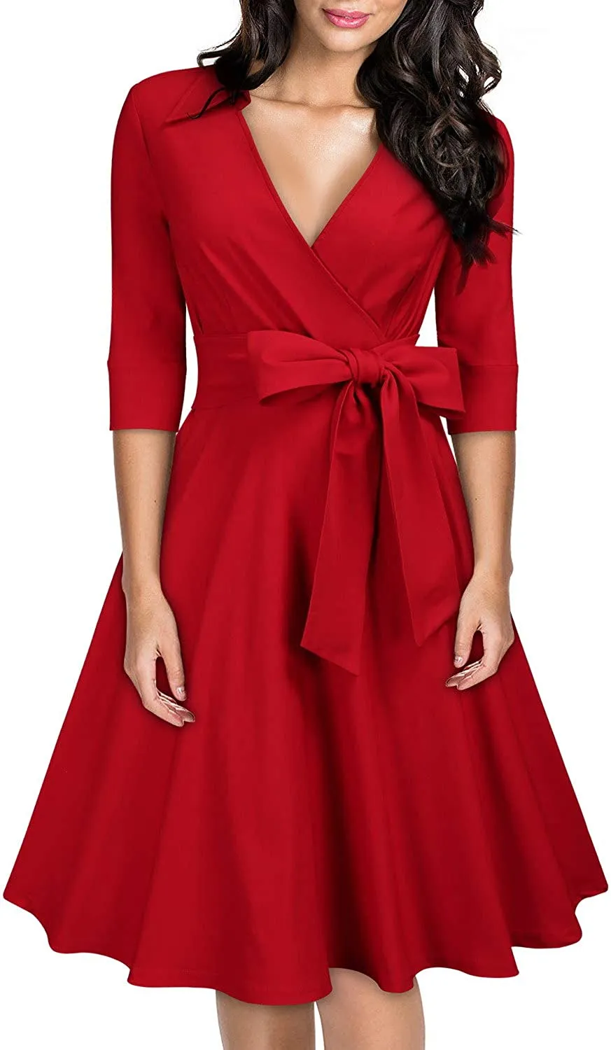 BerriesJam - Deep-V Neck Classical Bow Belt Vintage Swing Dress