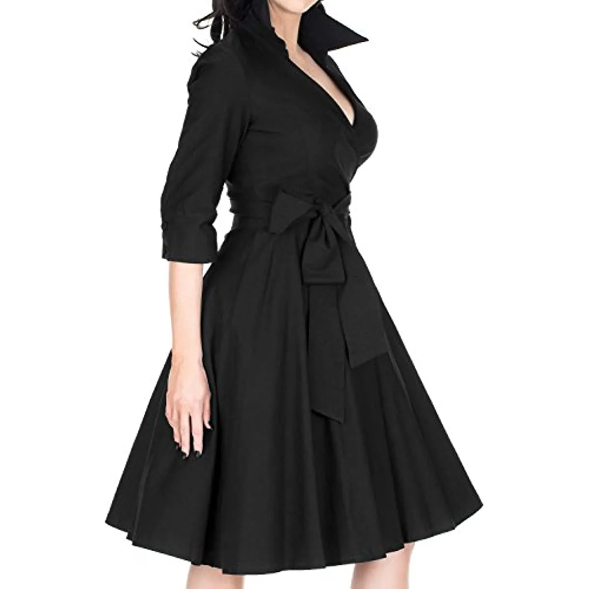 BerriesJam - Deep-V Neck Classical Bow Belt Vintage Swing Dress