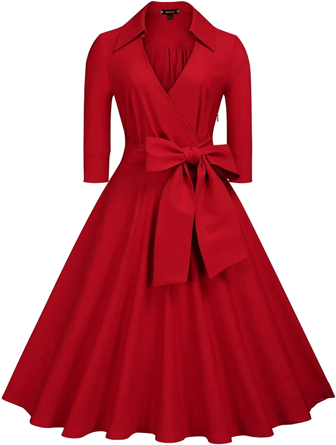 BerriesJam - Deep-V Neck Classical Bow Belt Vintage Swing Dress