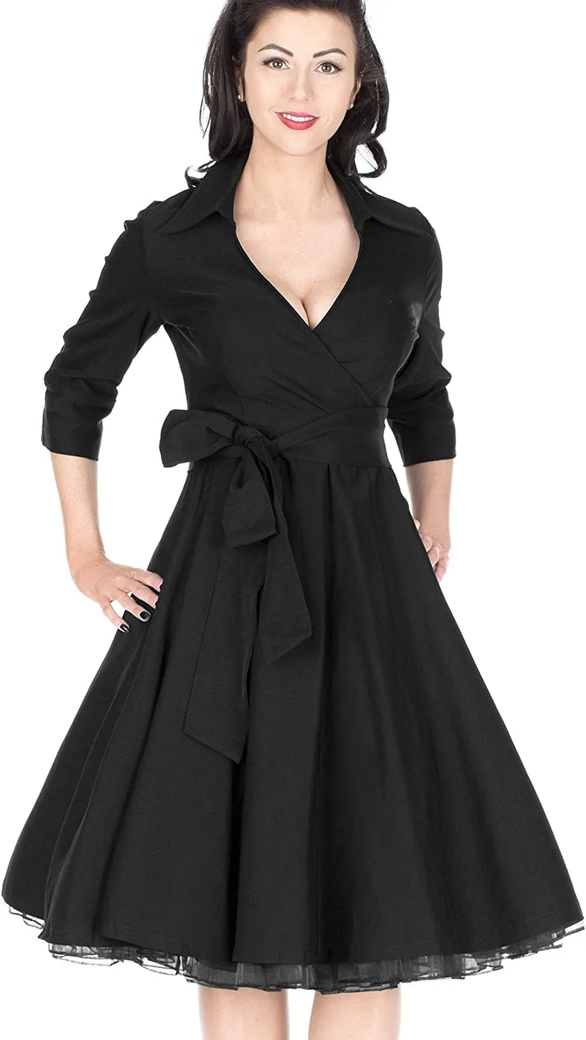 BerriesJam - Deep-V Neck Classical Bow Belt Vintage Swing Dress