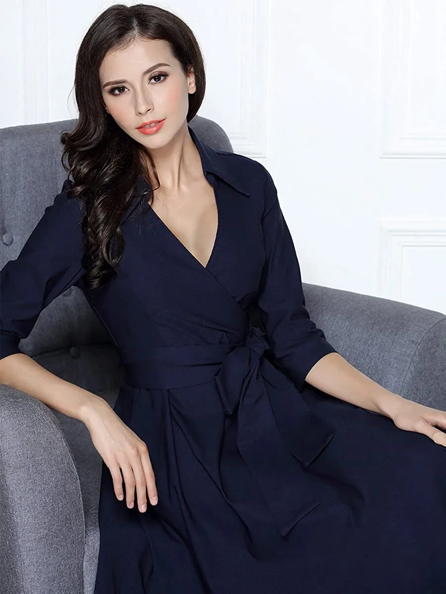 BerriesJam - Deep-V Neck Classical Bow Belt Vintage Swing Dress