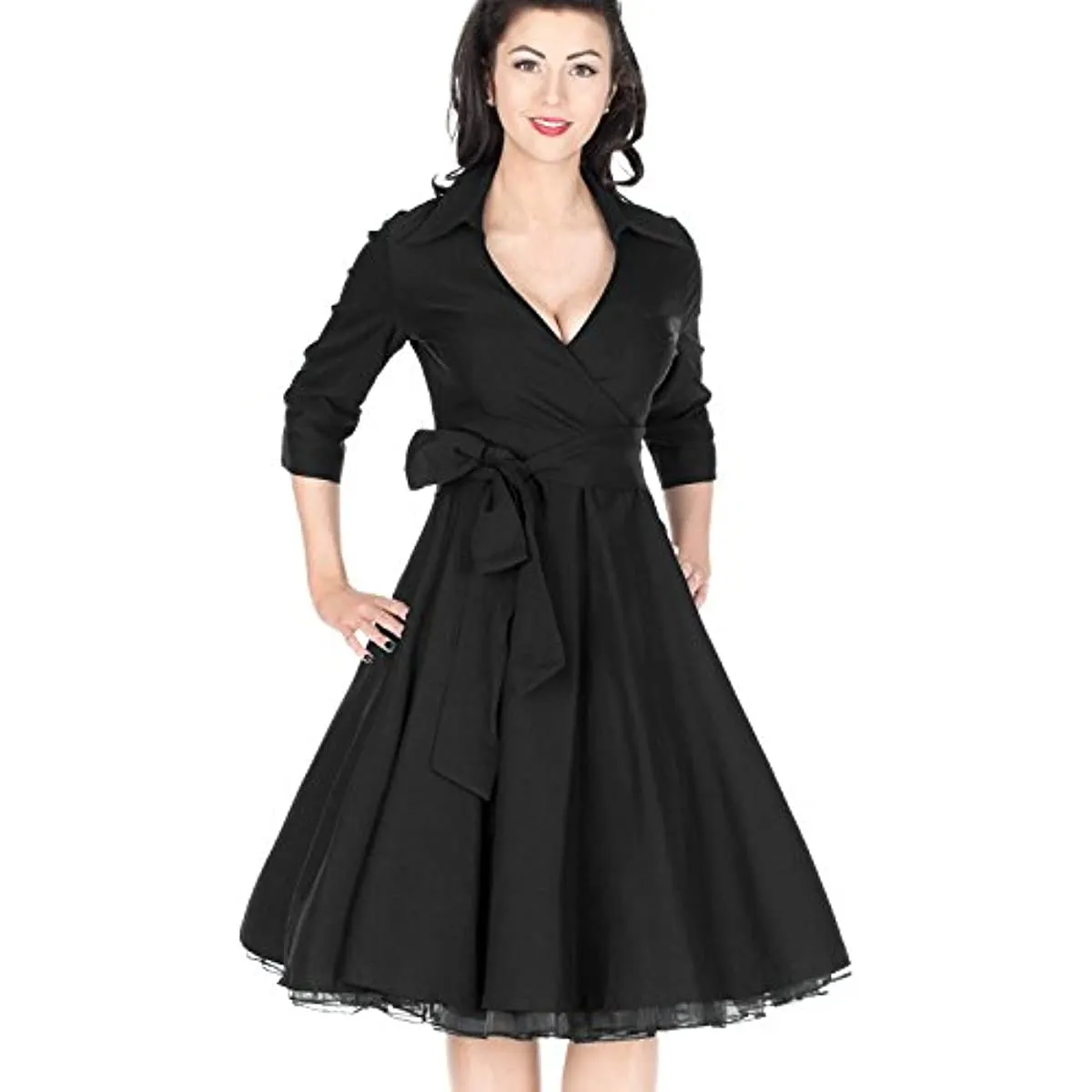 BerriesJam - Deep-V Neck Classical Bow Belt Vintage Swing Dress