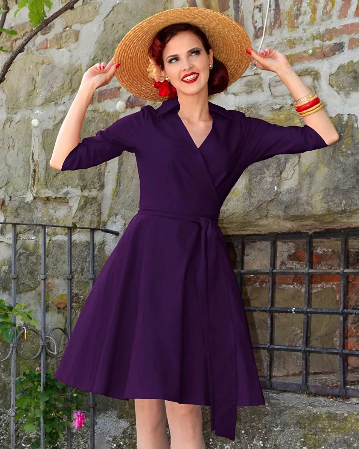 BerriesJam - Deep-V Neck Classical Bow Belt Vintage Swing Dress