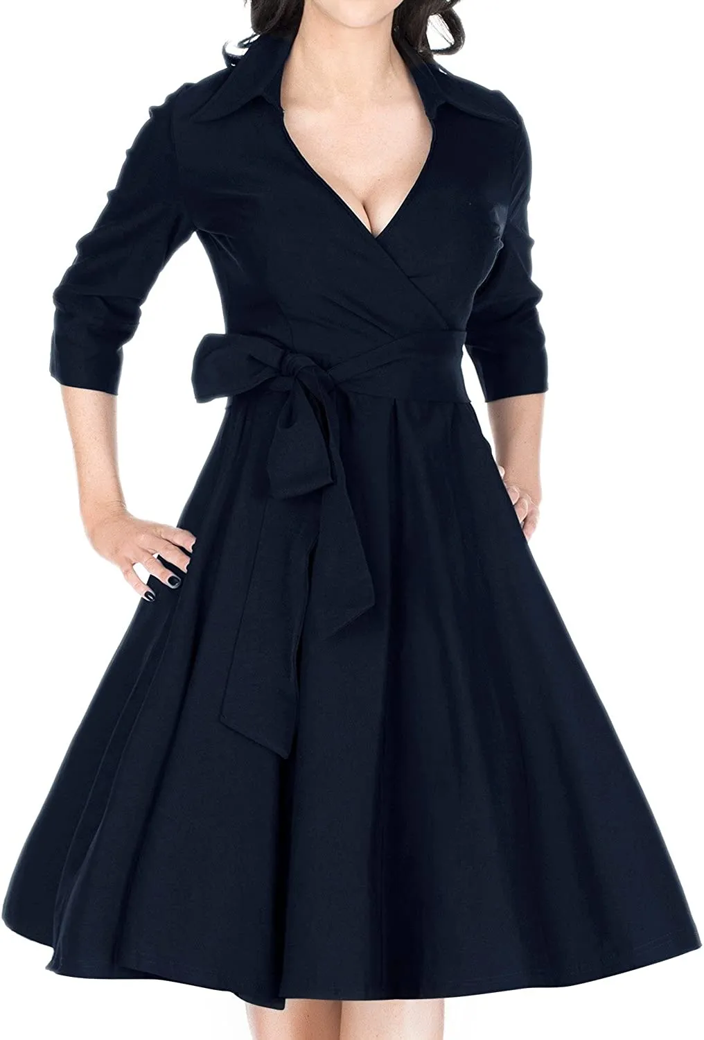 BerriesJam - Deep-V Neck Classical Bow Belt Vintage Swing Dress