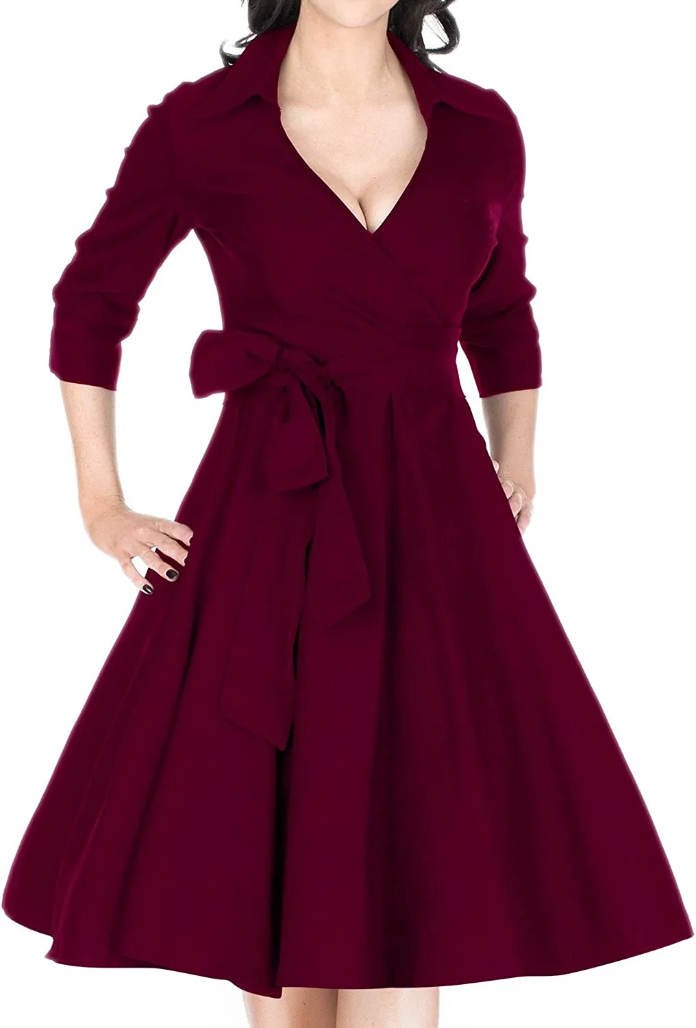 BerriesJam - Deep-V Neck Classical Bow Belt Vintage Swing Dress