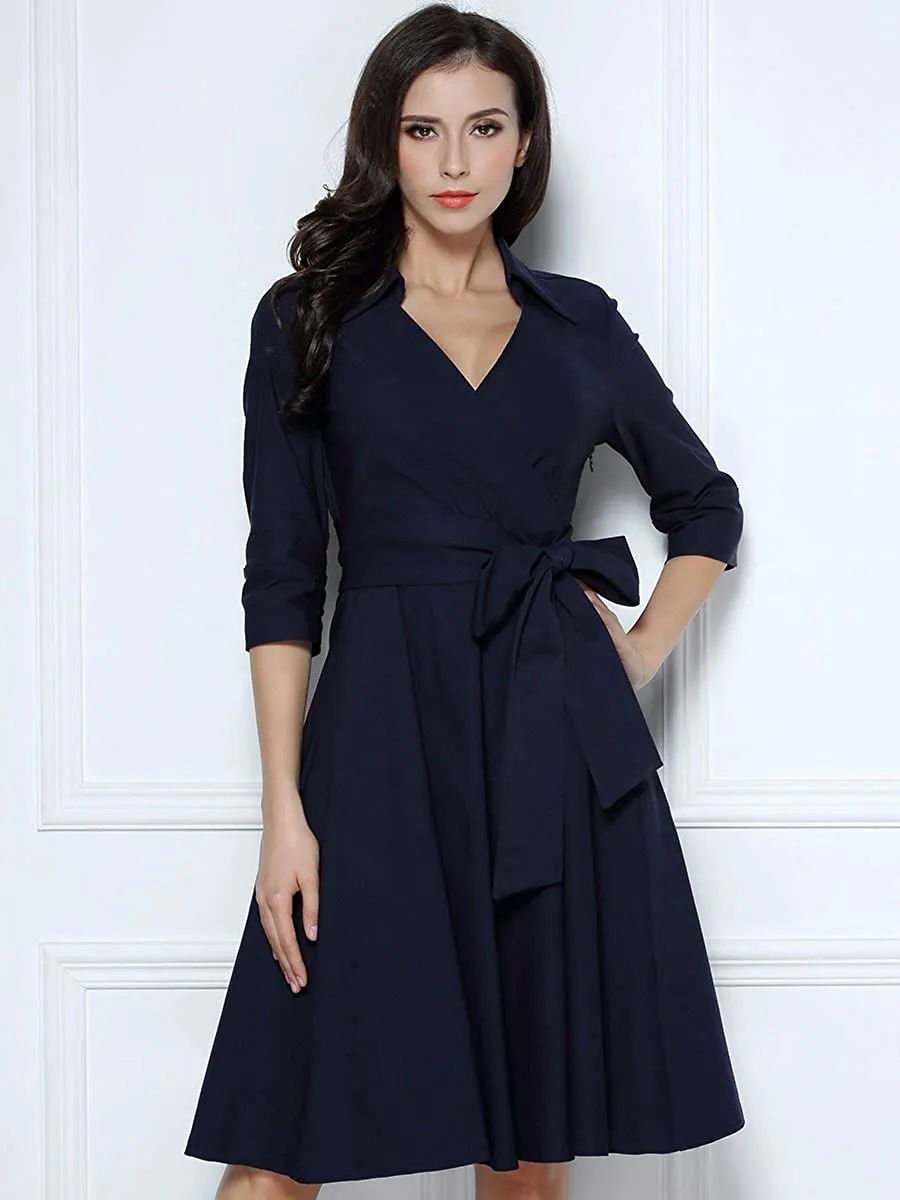 BerriesJam - Deep-V Neck Classical Bow Belt Vintage Swing Dress