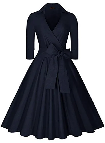BerriesJam - Deep-V Neck Classical Bow Belt Vintage Swing Dress