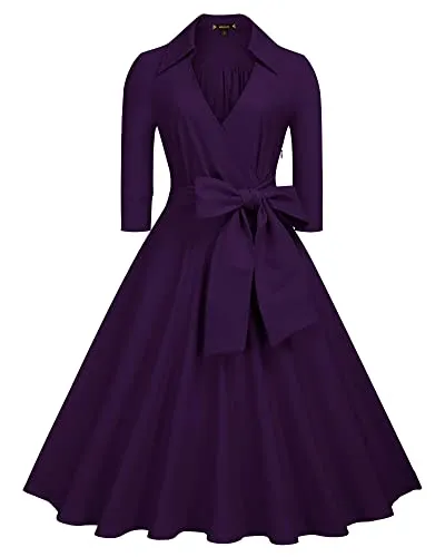 BerriesJam - Deep-V Neck Classical Bow Belt Vintage Swing Dress