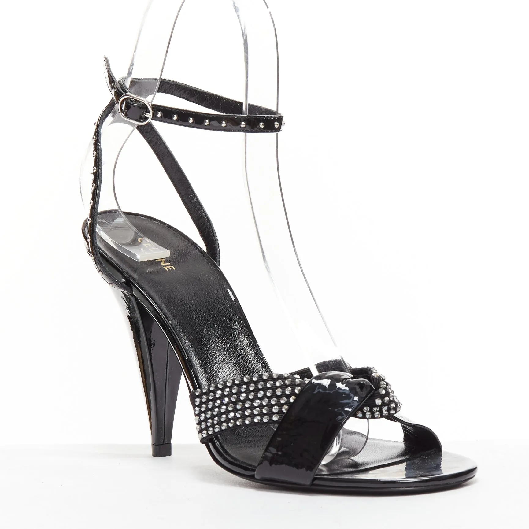 CELINE Hedi Slimane black patent leather silver crystals sandal heels EU38