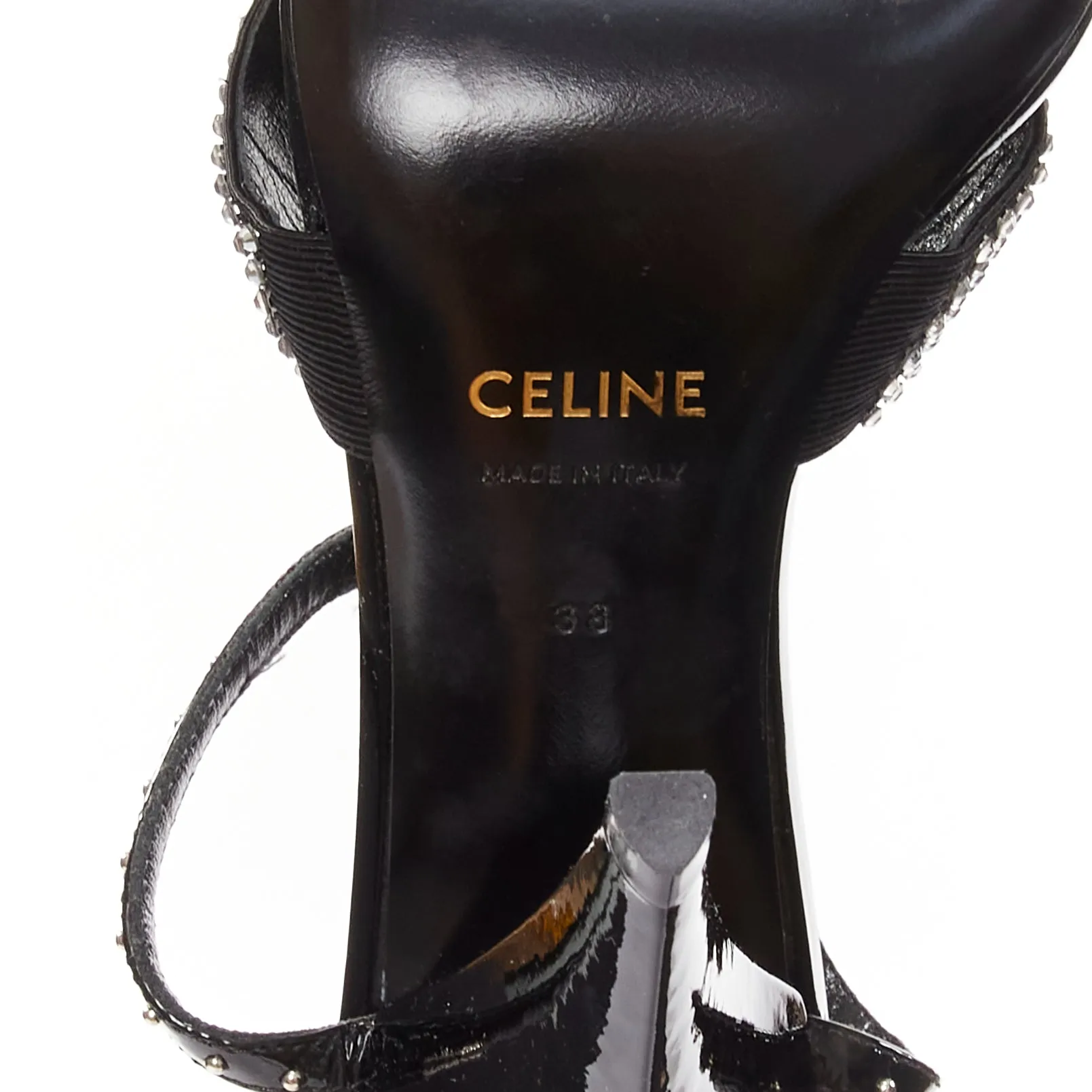 CELINE Hedi Slimane black patent leather silver crystals sandal heels EU38