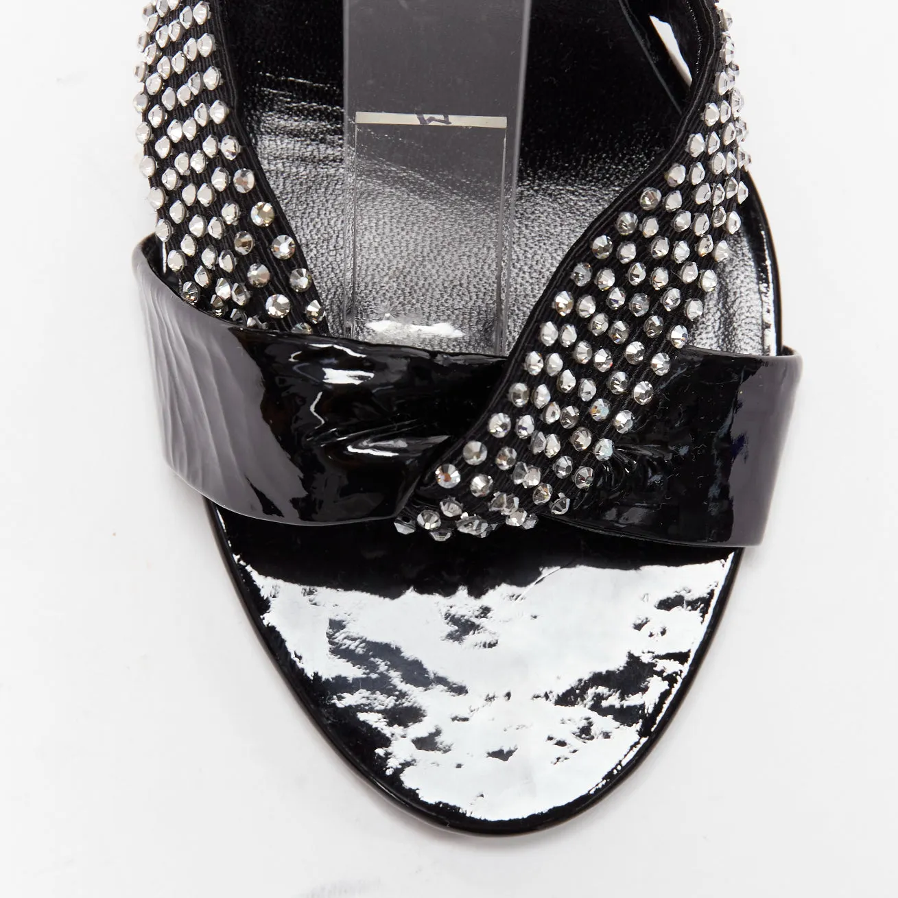 CELINE Hedi Slimane black patent leather silver crystals sandal heels EU38