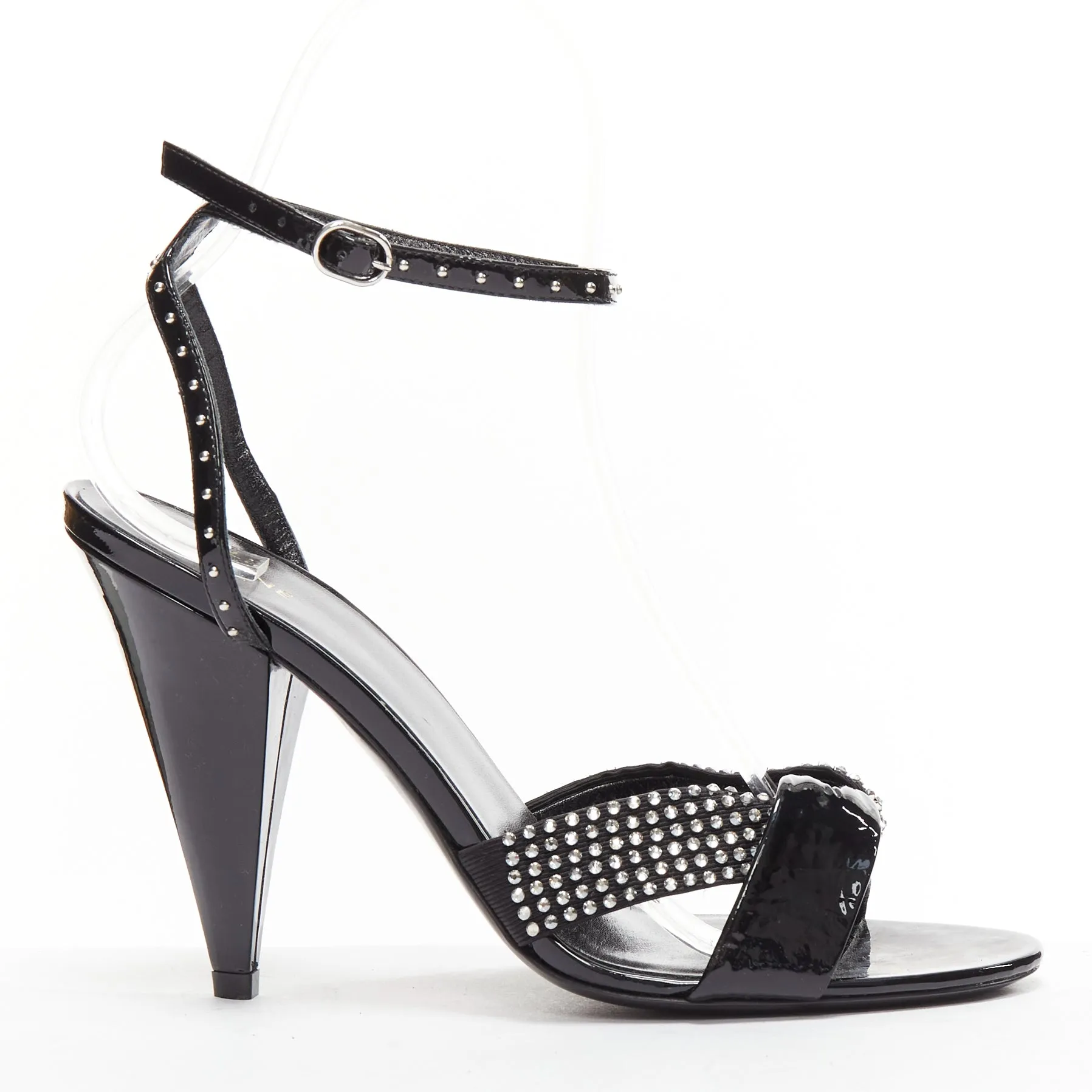 CELINE Hedi Slimane black patent leather silver crystals sandal heels EU38