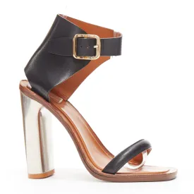 CELINE Phoebe Philo Bam Bam black open toe silver metal block heel sandal EU37