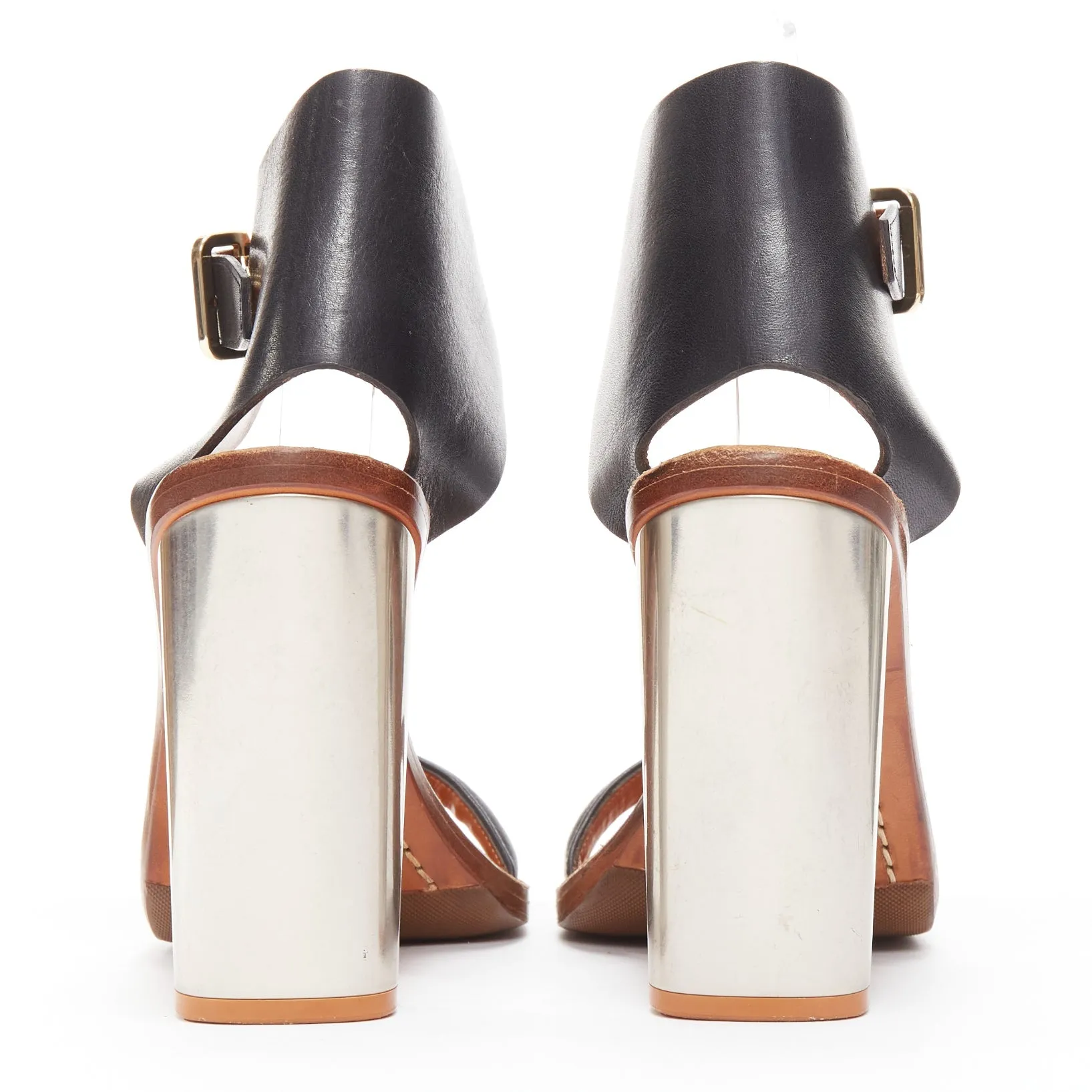 CELINE Phoebe Philo Bam Bam black open toe silver metal block heel sandal EU37