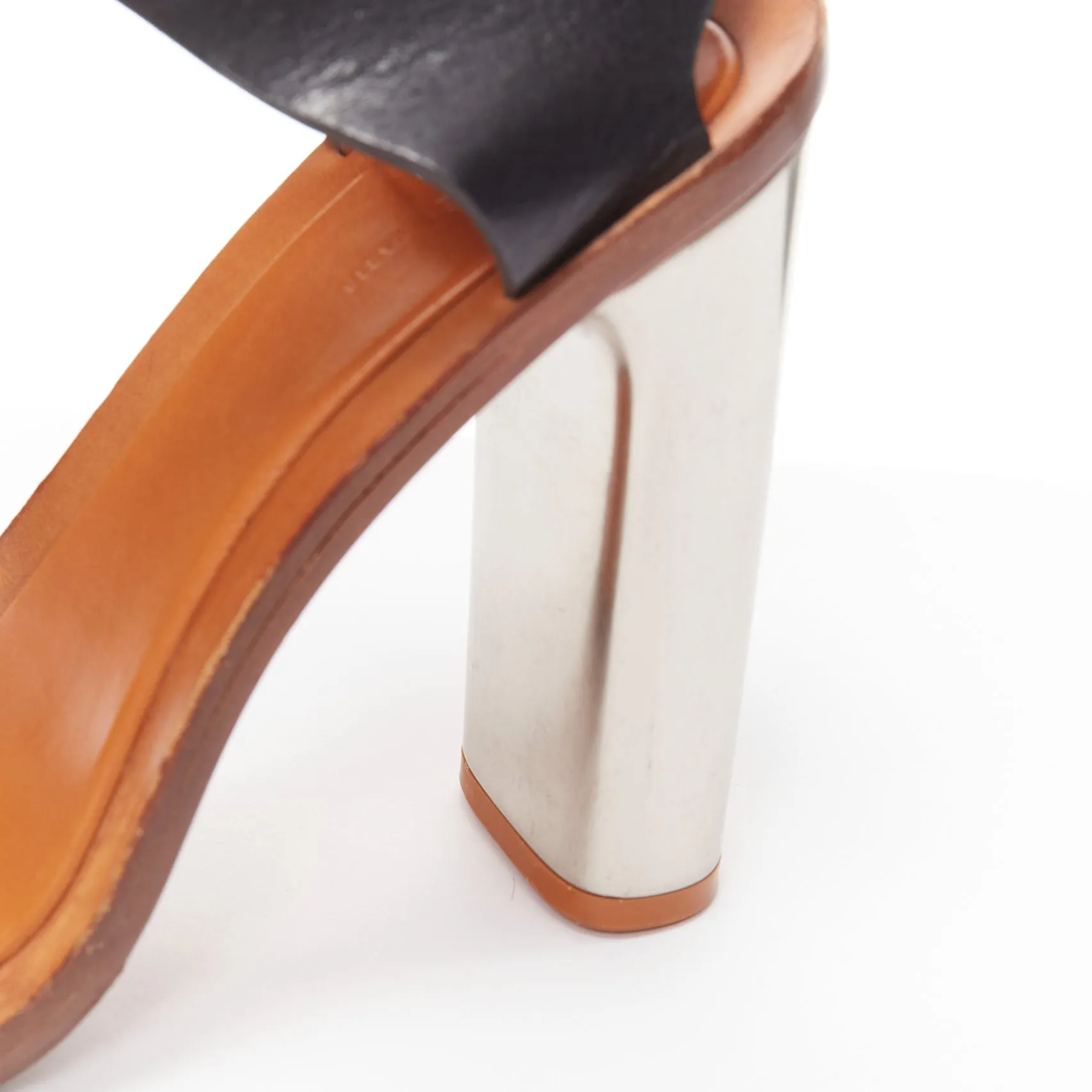 CELINE Phoebe Philo Bam Bam black open toe silver metal block heel sandal EU37