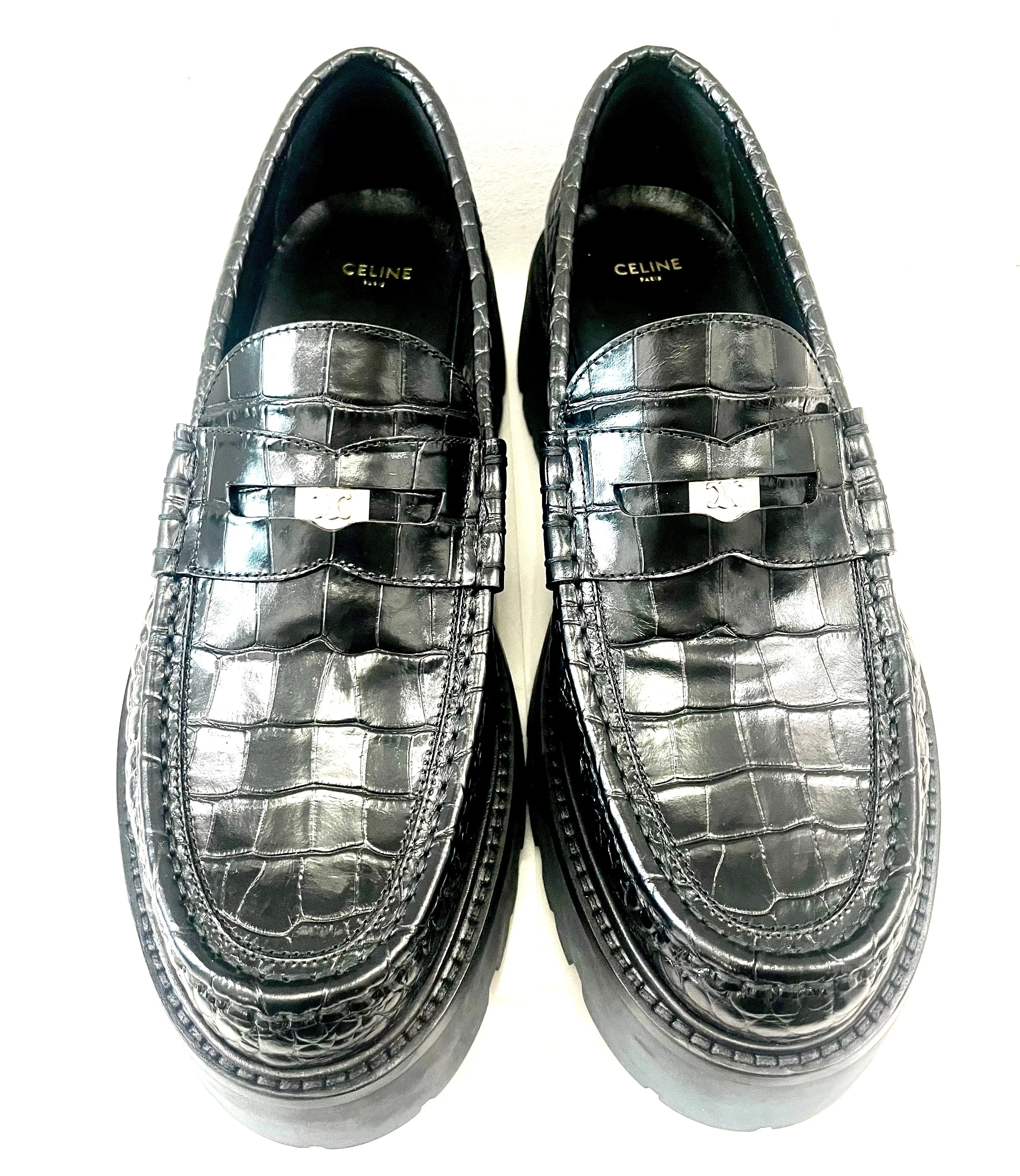 CÉLINE BULKY PENNY CROC EMBOSSED STAMPED CALFSKIN CHUNKY LOAFERS