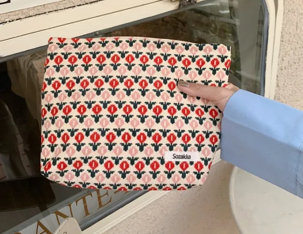 Corduroy Embroidery Cosmetic   Clutch