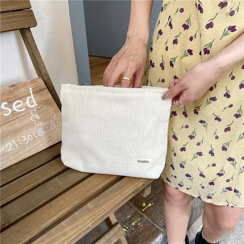 Corduroy Embroidery Cosmetic   Clutch