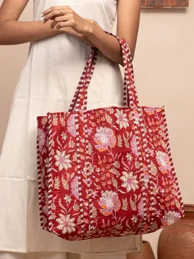 Crimson Garden Printed Quilted  Tote Bag with Inner Pocket