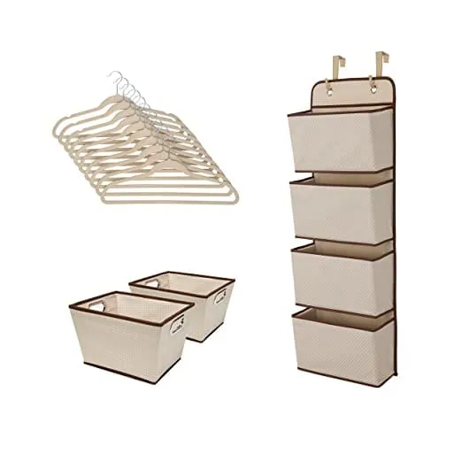 DELTA Complete Nursery Organization Value Pack 13pc Set 4 Pocket Over-The-Door Organizer with 2 Rectangle Tapered Totes and 10 Velvet Hangers - SS2057