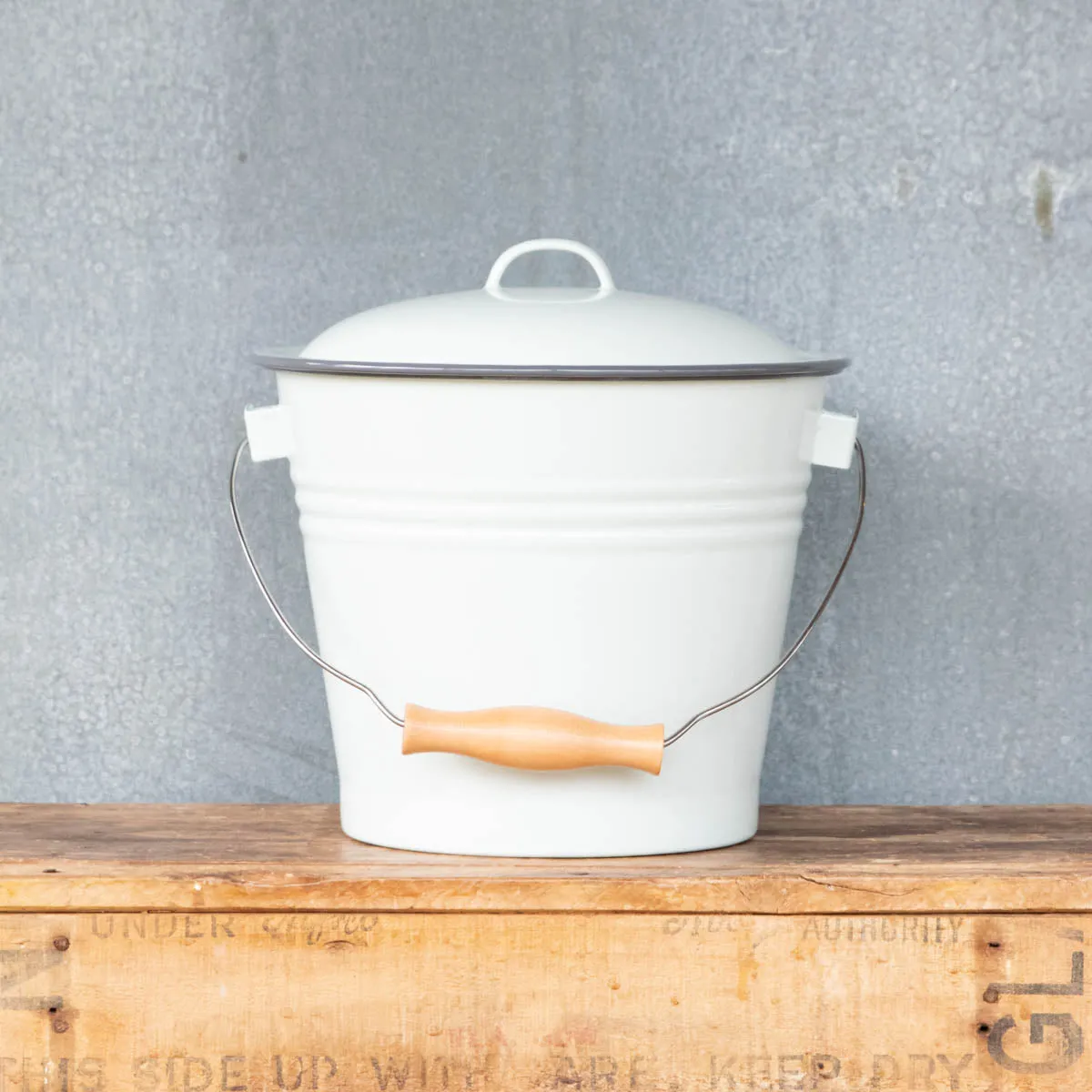 Falcon enamel bucket and lid, duck egg with grey trim