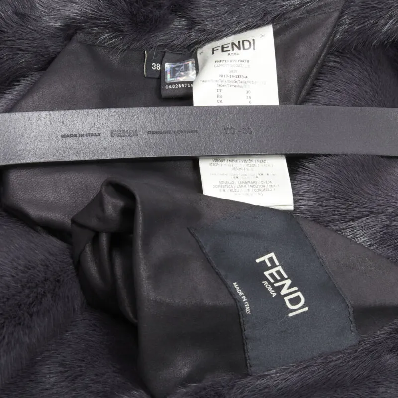 FENDI grey black fur leather 4-way reversible zip belted coat jacket IT38
