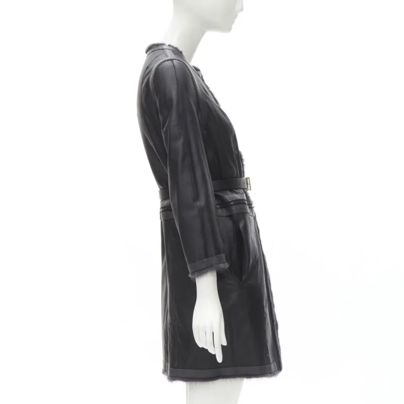 FENDI grey black fur leather 4-way reversible zip belted coat jacket IT38