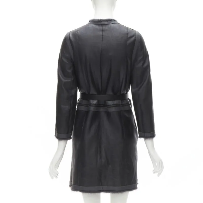FENDI grey black fur leather 4-way reversible zip belted coat jacket IT38