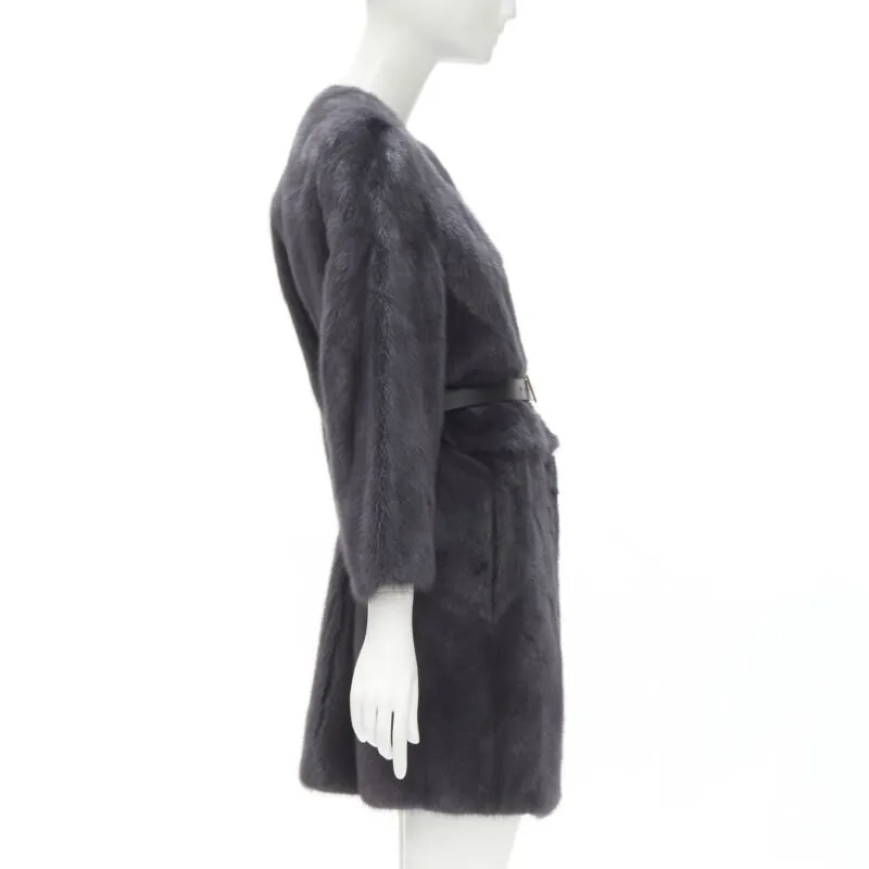 FENDI grey black fur leather 4-way reversible zip belted coat jacket IT38