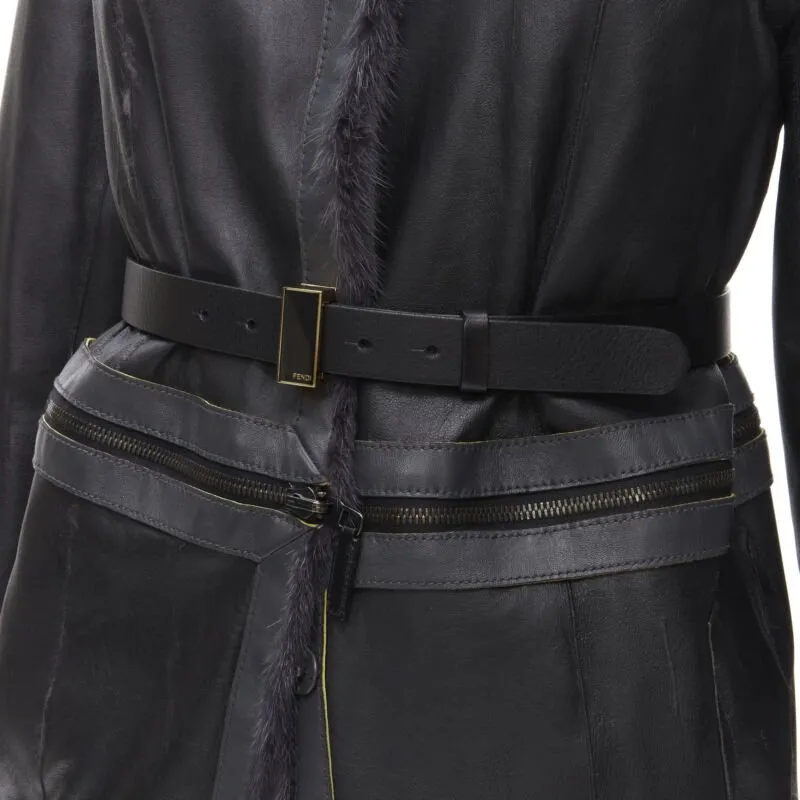 FENDI grey black fur leather 4-way reversible zip belted coat jacket IT38