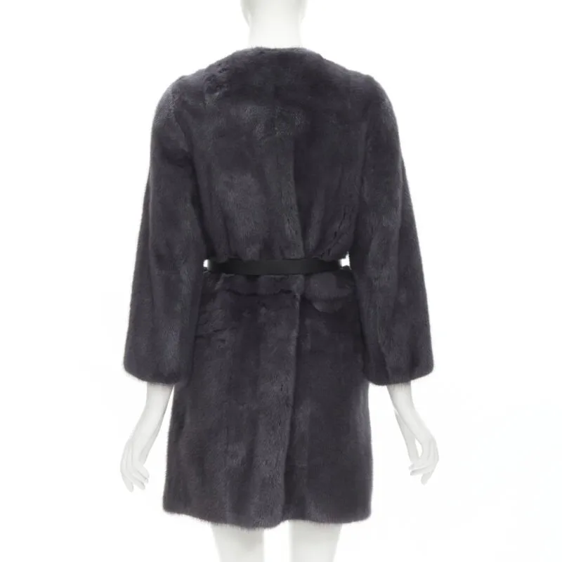 FENDI grey black fur leather 4-way reversible zip belted coat jacket IT38