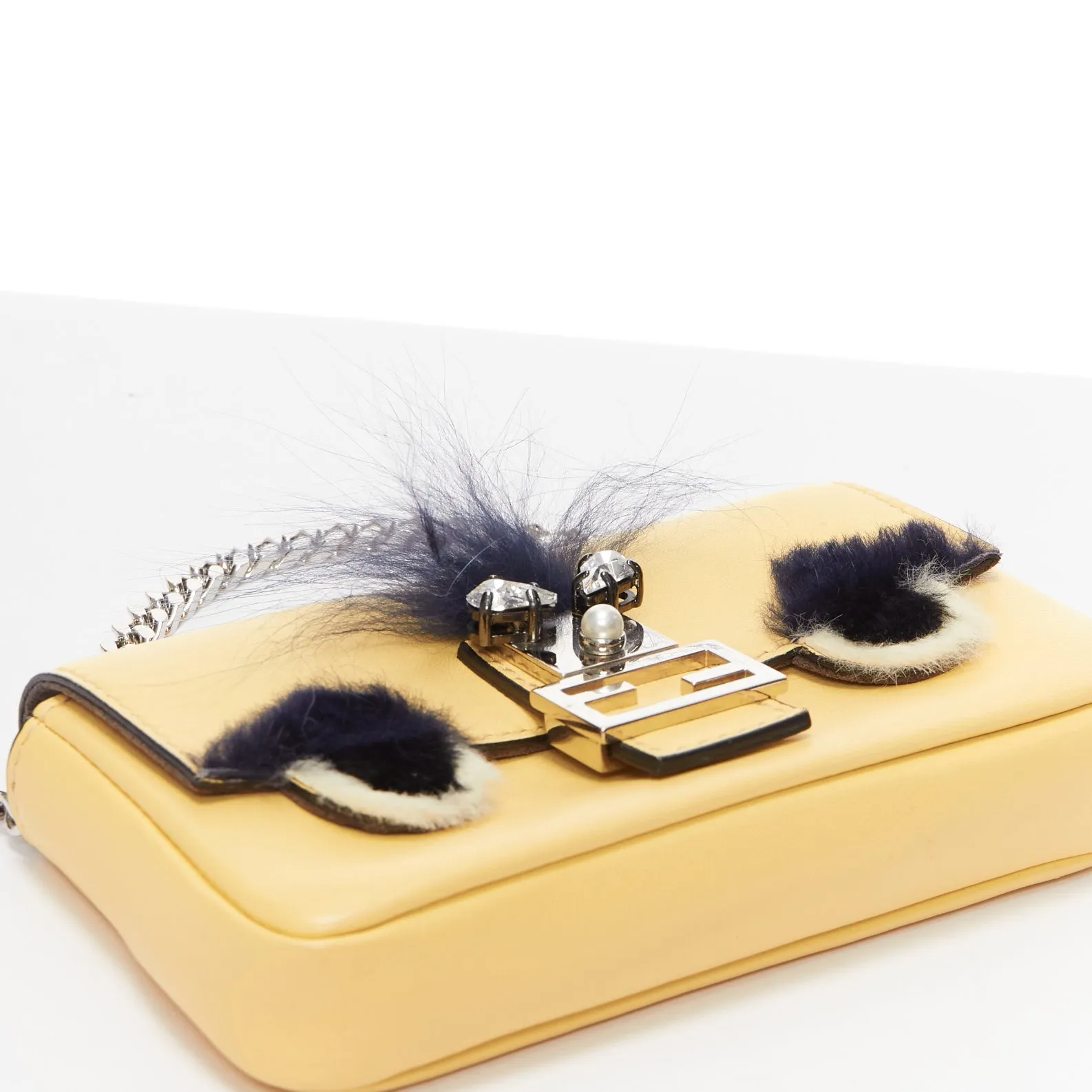 FENDI Micro Baguette butter yellow black fur eye leather top handle bag