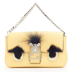 FENDI Micro Baguette butter yellow black fur eye leather top handle bag