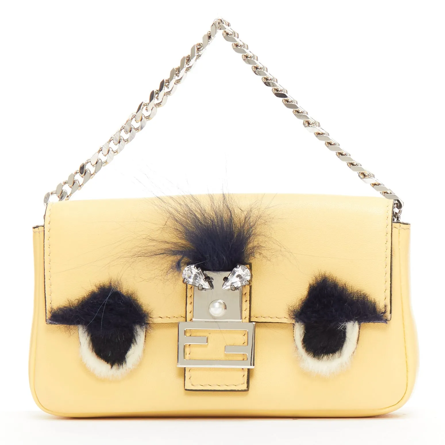 FENDI Micro Baguette butter yellow black fur eye leather top handle bag
