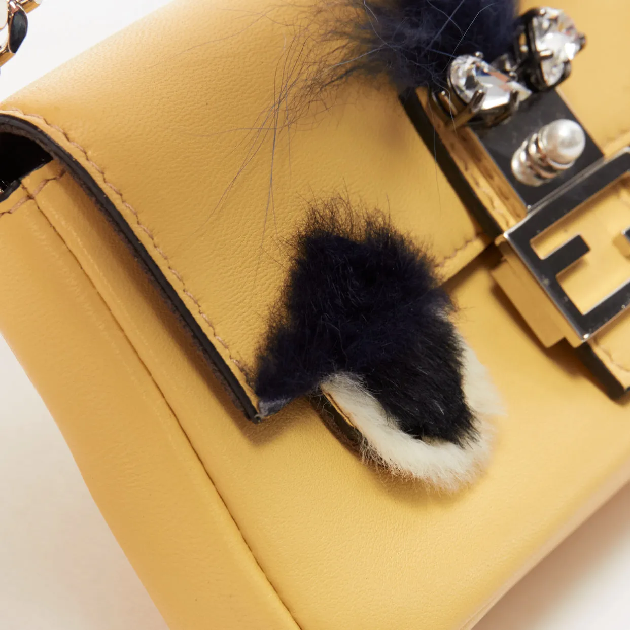 FENDI Micro Baguette butter yellow black fur eye leather top handle bag