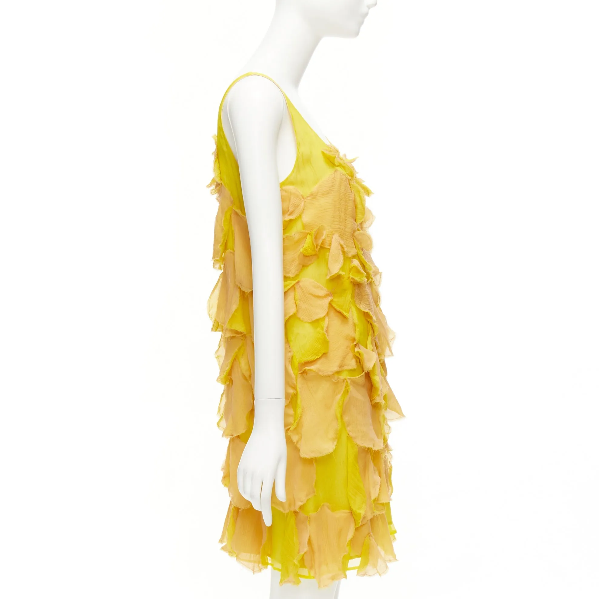 FENDI Vintage yellow nude 100% silk overlay flower petal mini dress IT44 L