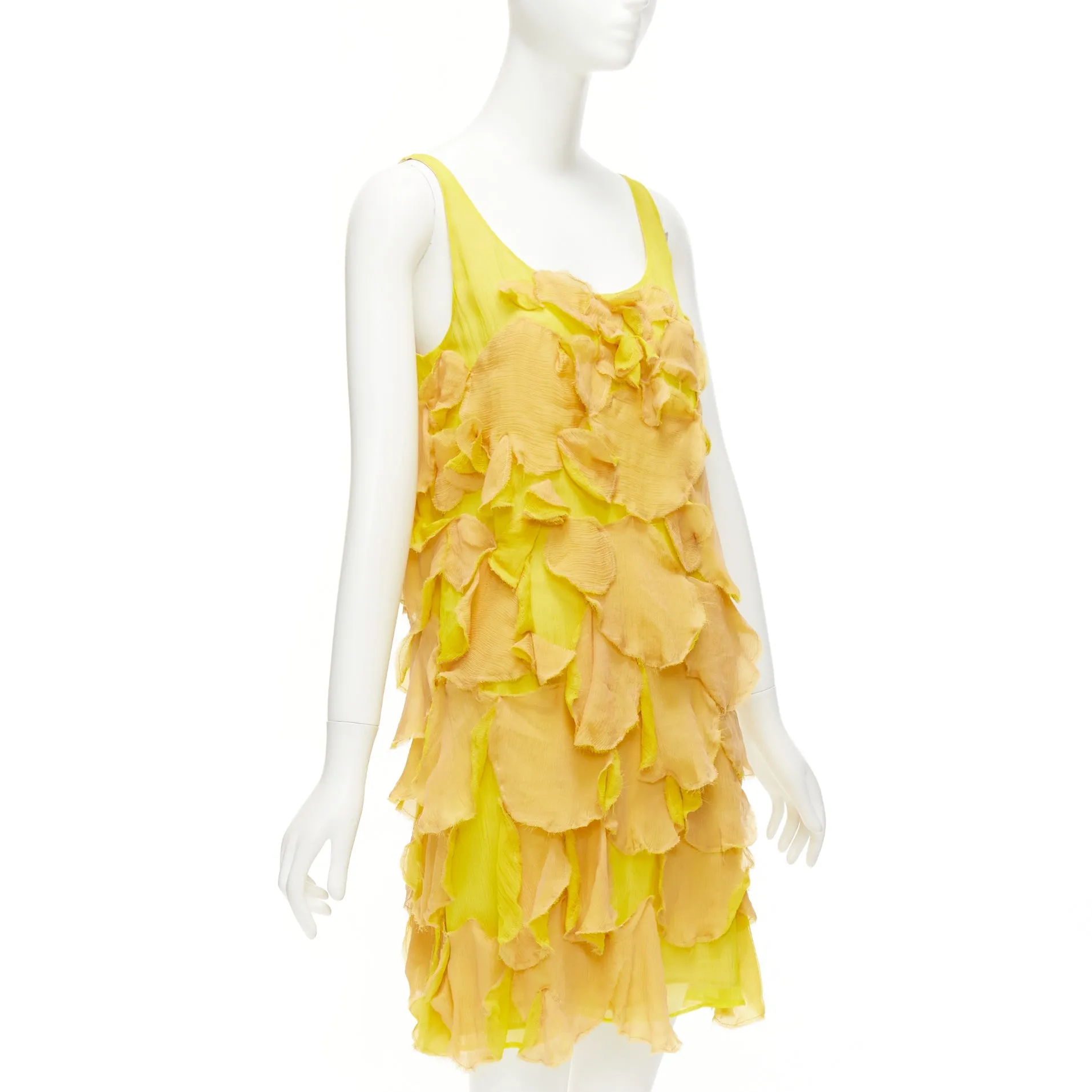 FENDI Vintage yellow nude 100% silk overlay flower petal mini dress IT44 L